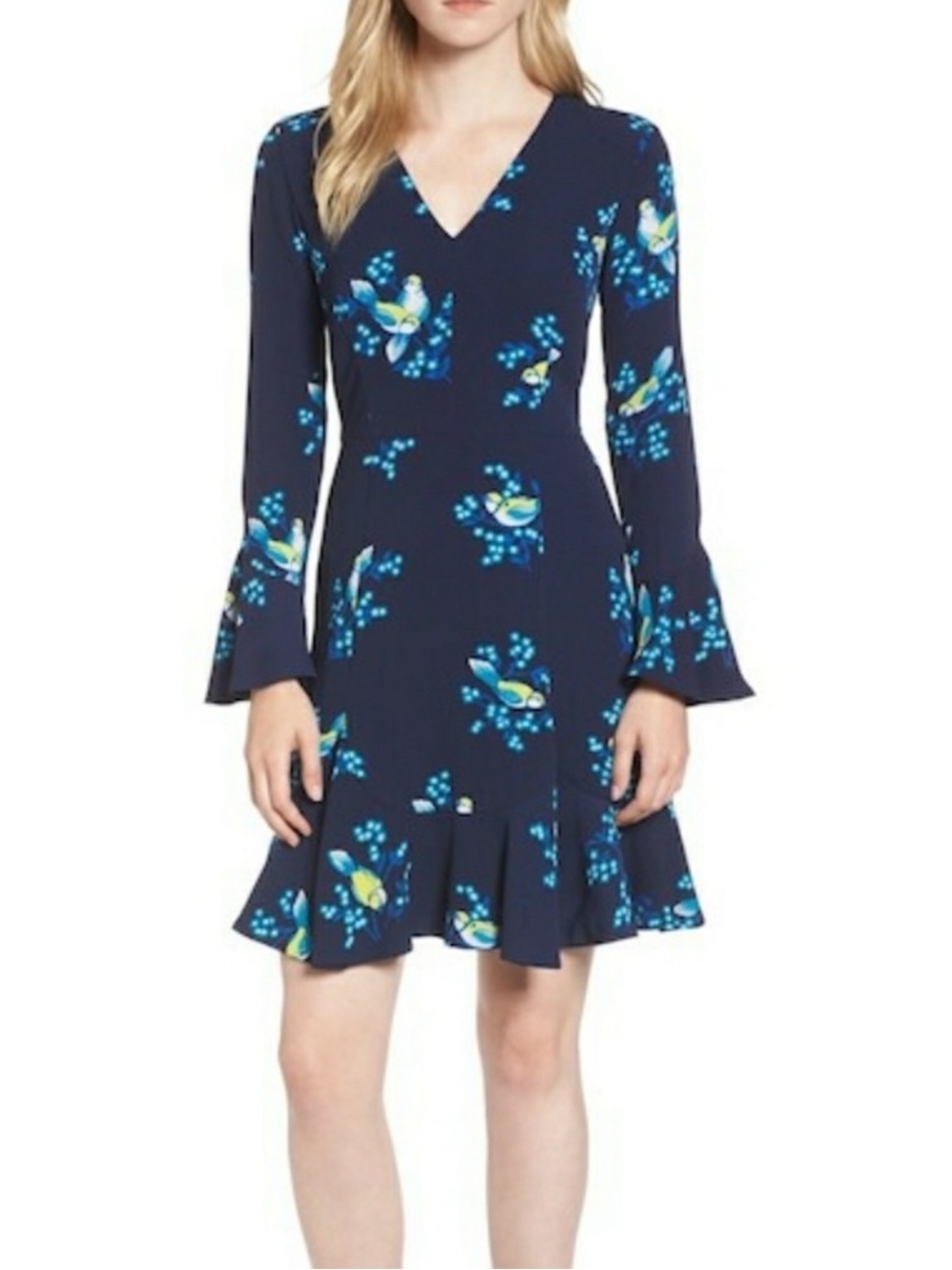 Draper James Navy Blue Floral & Mockingbird Flared-Sleeve Dress